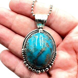 Womens Necklace Sterling Silver Blue Turquoise Pendant 32 Grams Southwest Style